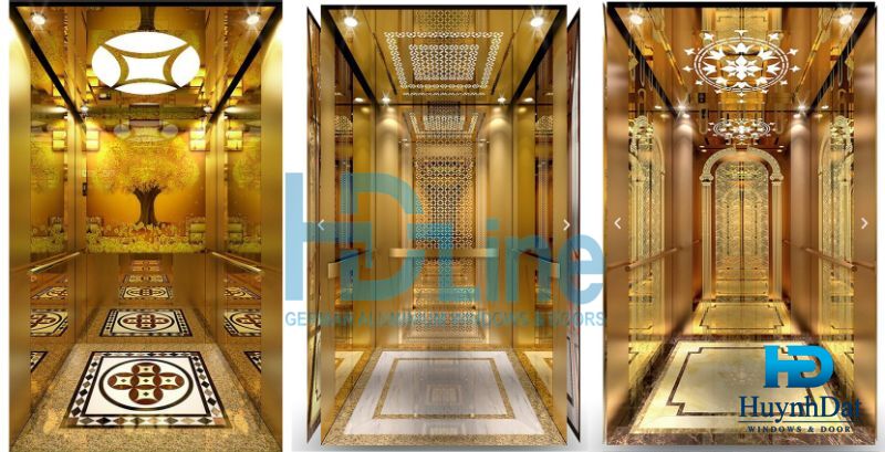 Các mẫu cabin thang máy ốp inox vàng gương kết hợp kính thủy